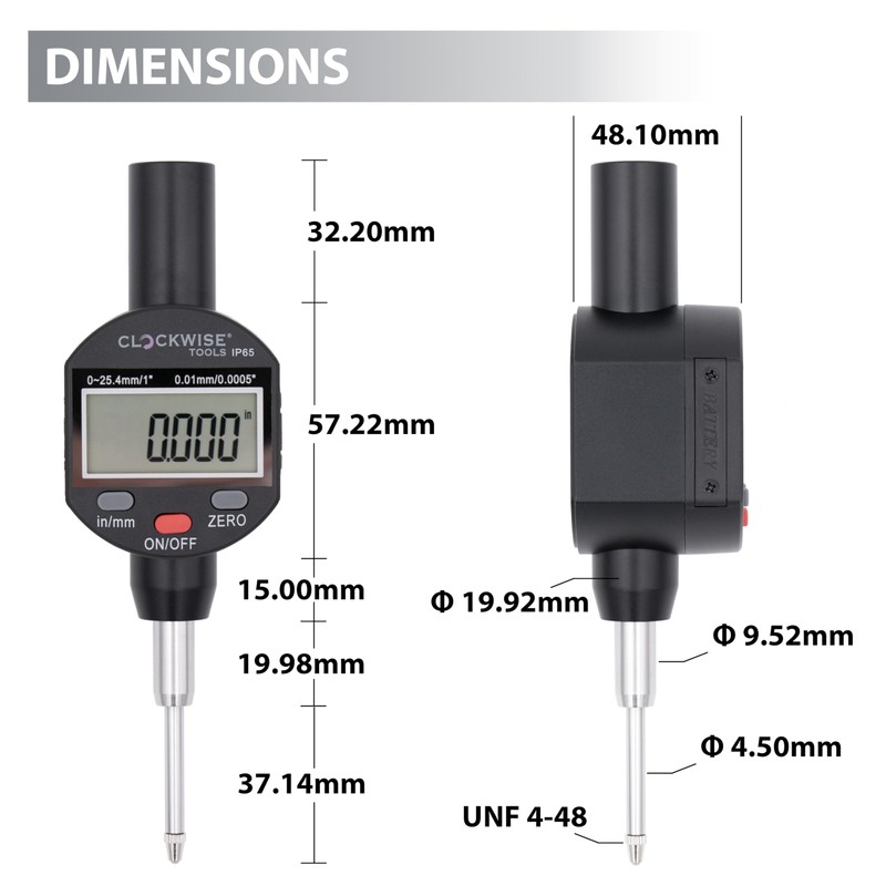 Clockwise Tools IP65 Grade Digital Indicator, DPIR-0105, 0-1 Inch/25.4mm, Inch/Metric