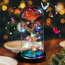 BOJOOM Cúpula de Cristal con Rosa encantada para Siempre diseño de La Bella y la Bestia, Rosa Flower de lámina Oro 24 Quilates con Luces LED, romántico Regalo para Novia,San Valentín, Navidad (Rojo)