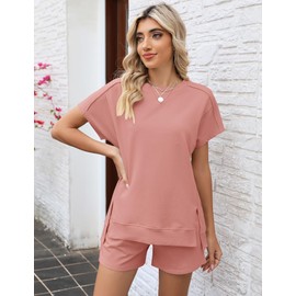 BUNSLOOM Women's Two-Piece Loungewear Summer Short Sleeve Sweatsuit Crew Neck Lounge Shorts Set, pink, S