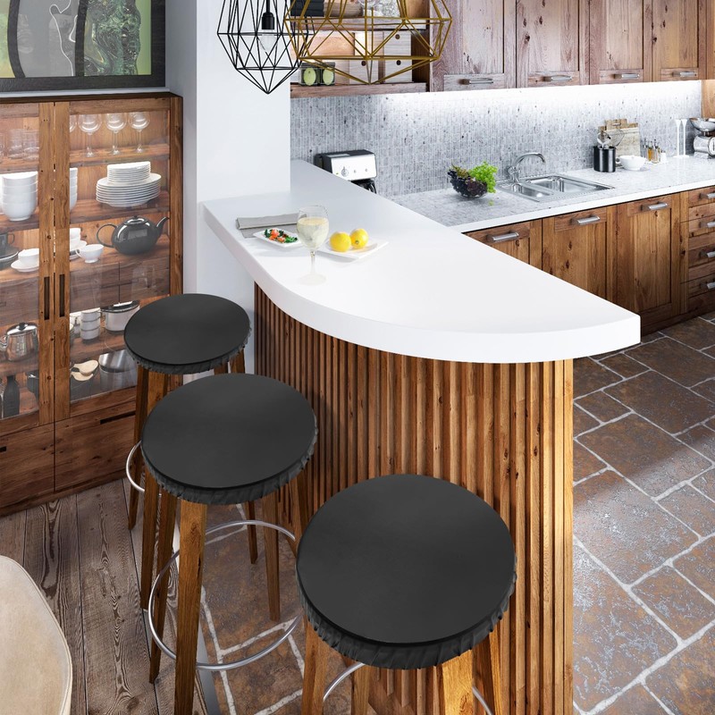 Newwiee 6 Pcs Black Leather Stool Covers Round,Waterproof PU Stretch