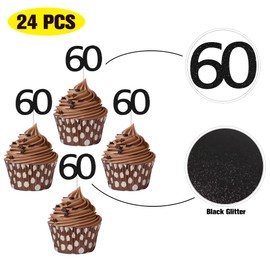 Sumerk 24PCS 60 Cupcake toppers Black Glitter 60th Birthday Cupcake Picks Anniversary Party Decorations