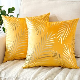 JOTOM Set of 2 Cushion Covers Velvet Decor Throw Pillow Covers Gold Leaves Decorative Pillow Cases Bronzing Flannelette Cushion Cover for Couch Bedroom Sofa Car Home Living Room Decor 45x45cm (Yellow)