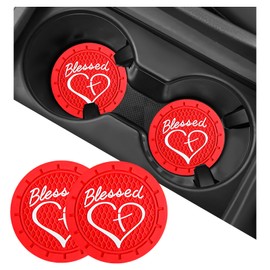 SHMZK 2 PCS Car Cup Holder Coaster, 2.76 Inch Blessed Cross and Heart Vehicle Insert Cup Coasters, Anti-Slip Shockproof PVC Drink Cup Mats for Most Vehicles, Car Accessories (Red)