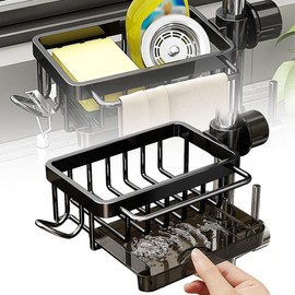 JOZMMZEOOA Sink Organiser, with Hooks, Sponge Holder, Kitchen Sink, Sink Cloth Holder, No Drilling, Sink Organiser, Hanging with Drain Tray, for Kitchen Accessories, Sponge (Black)