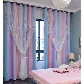Yancorp Curtains for Girls Bedroom Kids Curtain Hollow-Out Star Window Nursery Curtain 96 inches Length Room Darkening Grommet 2 Layers (Pink Purple Green, W52 X L96)