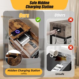 Flip Top Side Table with Hidden Charging Station - 12"D×21"W×26"H Compact End Table for Small Spaces, with Storage and 2 Shelves, Metal and Wood End Tables for Living Room, Slim Sofa Side Tables,Brown