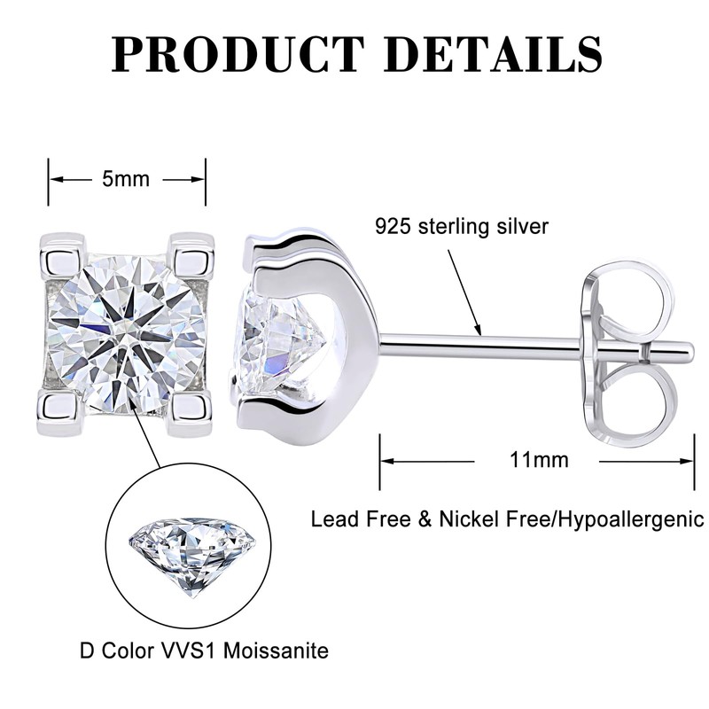 Moissanite Stud Earrings, 1ct Round Cut D Color VVS1 Clarity