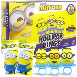 Minions Lollipop Rings, Individually Wrapped Candy for Birthday Party Favors, Assorted Flavors and Characters, 18 Suckers