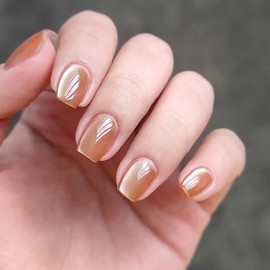 MouyouGlow Glow Press on Nails Short, Square Light Brown Plain Cat Eye Magnetic Fake Nails with Nail Glue, Light Brown Sweet Phototherapy Artificial Fingernails