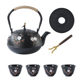 SECHUDO Tea Set Tea Kettle Japanese Style Beautiful Black Cast Iron Teapot Set with 4 Cups,1 Trivet and 1 Lid Holder,40.6oz Teapot with Infuser for Stove Top Safe