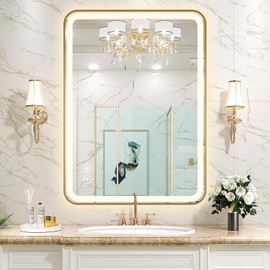 TheiaMo Rectangle LED Bathroom Mirror, 32"x20" Anti-Fog Double Touch Lighted Wall Vanity Mirror 45° Beveled Metal Frame Stepless Adjustable Color Temperature Smart Mirror 3000K-6000K, Gold