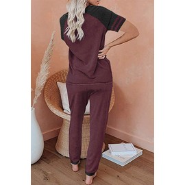 PRETTYGARDEN Women's Two Piece Outfits Jogger Sets Striped Short Sleeve Pullover and Long Pants Tracksuit Pajama Lounge Set(Wine Red,Medium)