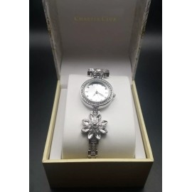 CHARTER CLUB SILVER-TONE CRYSTAL FLOWER LADIES QUARTZ WATCH 25 MM NIB - JLY27
