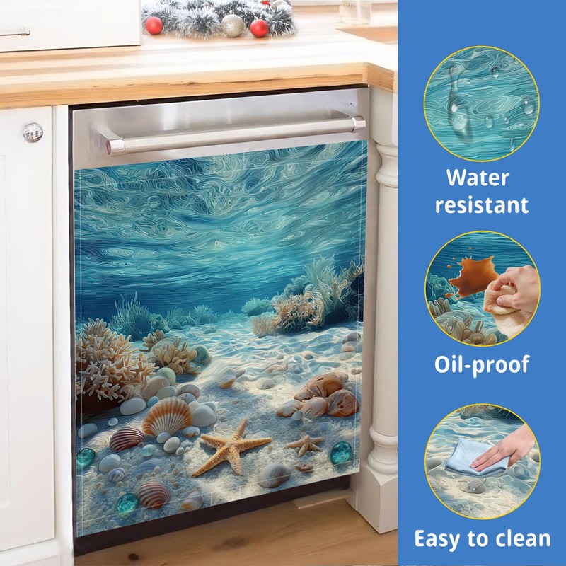 Washable Seashells Starfish Dishwasher Magnetic Cover for Kitchen Decor, Refrigerator