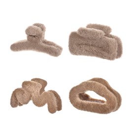 Yonchic 4-Piece Faux Fur Hair Clips, Different Shape Hair Claws for Thin/Medium Thick Hair, Strong Hold Clamps, Non-Slip Catch Clip Accessories (Coffee)