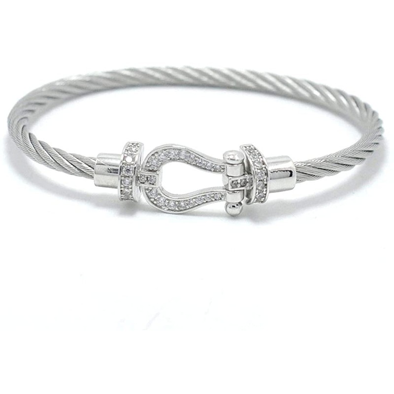 Deelfel Men's Women's Horseshoe Bracelet, Black, Silver, Stainless Steel, Zirconia,