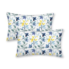 GIOPAMGO Yellow Blue Lumbar Pillow Covers 12x20 Set of 2, Floral Leaves Farmhouse Decorations Throw Pillow Covers Vintage Watercolor Plants Outdoor Decorative Linen Cushion Case for Couch Sofa Home
