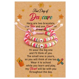Kzikbxh First Day of Daycare Gifts,Daycare Bracelet Mommy and Me,Matching Bracelets,Mother Daughter Bracelets,Heart Braided Bracelets,Back to School Gifts,Bracelet Set of 3,Rainbow Bracelet