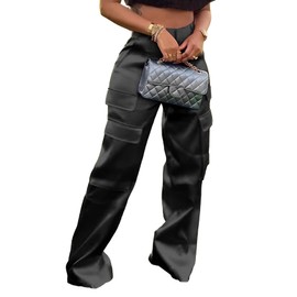 Baczoe Black Cargo Pants for Women Satin Silk Solid Color Straight Leg Trousers (Black, L)