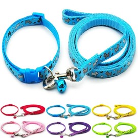 Doggie Style Store Small Dog Puppy Pet Cat Kitten Collar and Lead Set Scotty Dogprint Design Nylon Adjustable with Bell Leash Blue