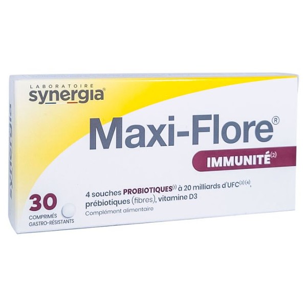 Synergia Maxi-Flore Immunité Probiotiques Prébiotiques Vitamine D3 30 comprimés