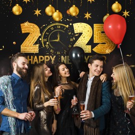 SAHUNFRI Black And Gold New Year Party Decoration,Extra Large Fabric Happy New Years Backdrop For Decorations,72x44 Inch New Years Eve Party Banner (Black+Gold)