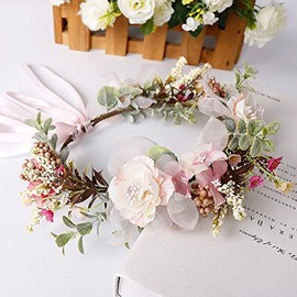 Flower Wreath Hair Wreath Flower Headband Flower Girl Headbands Headdress Floral Garland Flower Headband Adjustable Belt for Wedding Ceremony Party Festival Light Pink