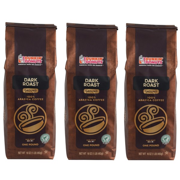 Dunkin' Donuts Ground Coffee 1 LB. Bag Multi Pack (Dark Roast, Three Pack)