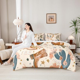 Manfei 7pcs Cowgirl Comforter Set Full Size, Country Western Cowboy Boots Bedding Set with Sheets for Kids Girls Teens Room Decor, Wild West Cactus Flower Bed in a Bag Cute Cartoon Brown Bed Set
