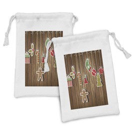 Ambesonne Christmas Fabric Pouch Set of 2, Merry Xmas Ornaments Pattern over Wooden Board Background Holly Jolly Happy Design, Small Drawstring Bag for Toiletries Masks and Favors, 9" x 6", Brown Red