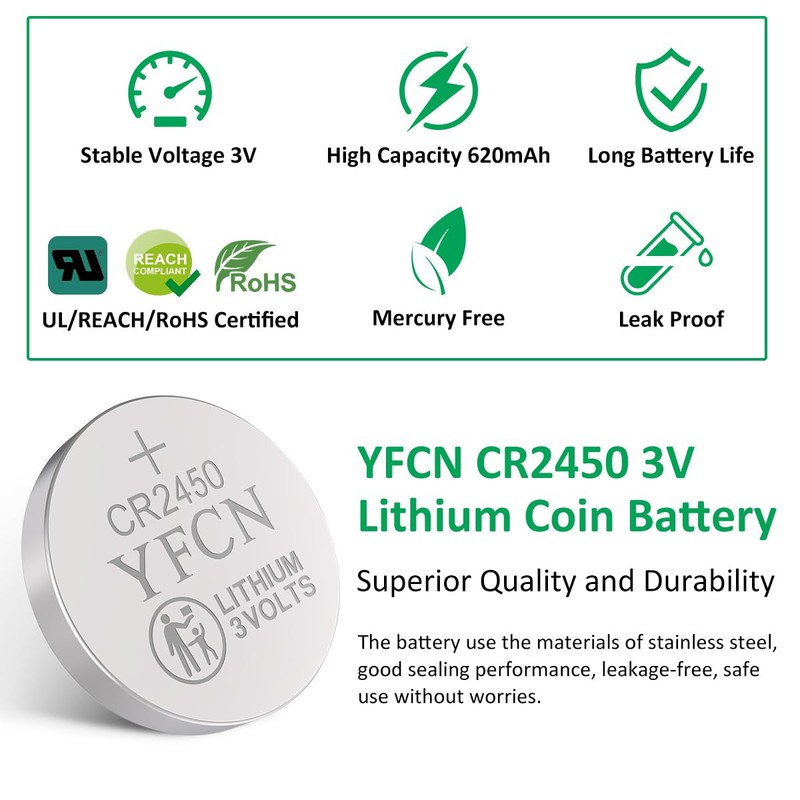 YFCN CR2450 Battery 3V Lithium Battery 5 Count Pack CR2450