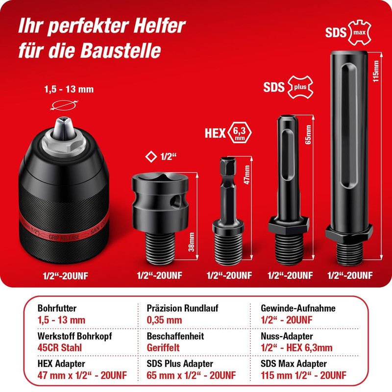 SCHWABENBACH ® Keyless Chuck Complete Set 5-Piece 1.5-13 mm 1/2-20UNF