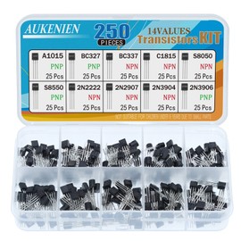 AUKENIEN BJT Transistor Assortment Kit 10 Values 250pcs NPN PNP Power General Transistors 2N2222 2N2907 2N3904 2N3906 A1015 BC327 BC337 C1815 S8050 S8550 TO-92