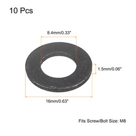 sourcing map Carbon Steel Flat Washer Fits M8 Bolts, 10pcs M8 x 16 x 1.5mm Black Oxidized Grade 8.8 Alloy Steel Fasteners for Mechanical Industry