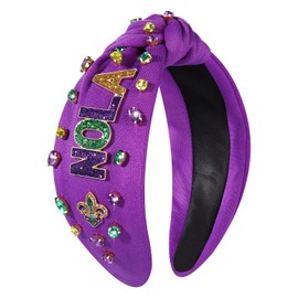 Mardi Gras Headband for Women Glitter NOLA Fleur De Lis Knotted Headband Purple Green Gold Crystal Rhinestone Jeweled Top Knot Headband Carnival Hair Accessories Fat Tuesday Party Favors (NOLA)