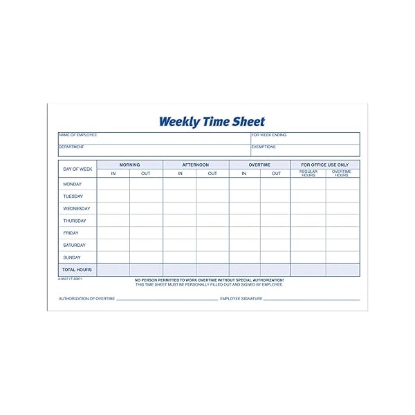 Adams Weekly Time Sheet, 1-Part, 5.5 x 8.5 Inches, Blue/White,