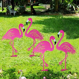 Riakrum 4 Pcs Pink Flamingos Outdoor Yard Decorations Metal Large Flamingo Garden Statue Pink Bird Yard Ornaments Decorative Sculpture for Lawn, Patio Outside Summer Home Art Decor
