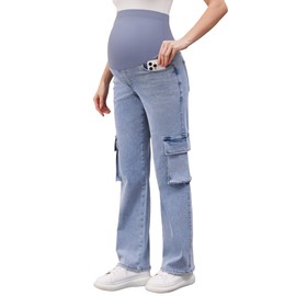 PACBREEZE Women's Maternity Jeans Cargo Straight Leg Relaxed Jeans Over Belly Comfy Denim Pregnancy Pants, S-XXL (Light Blue, Medium)