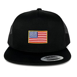 5 Panel Small Yellow American Flag Embroidered Iron On Patch Flat Bill Mesh Snapback - Black