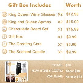 Singhoow 12 Pcs Wedding Gifts for Couples King Queen Glass Cups Aprons Charcuterie Board Candle Butter Knife Box Set for Bridal Shower Engagement Anniversary Newlywed Bride Groom His and Her