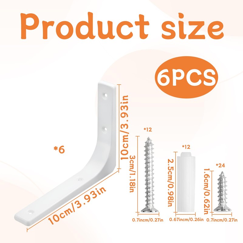 Shelf Brackets,6Pcs Shelf Bracket,Brackets for Shelves,100mm*100mm White Shelf Brackets,L Bracket