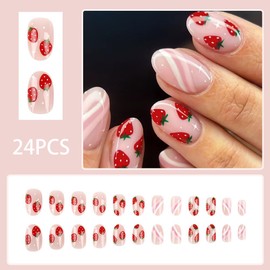 Cute Pink Press on Nails Short Oval Acrylic Fake Nails Sweet Strawberry False Nails with Stripes Design Glossy Artificial Glue on Nail Full Cover Stick on Nails for Women and Girls 24 Pcs
