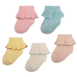 MKYSZLT Baby Girl Ruffle Socks Soft Cotton Turn Cuff Fancy Ankle Frilly Dress Socks for Newborn/Infant/Toddler/Little Girls (US, Age, 0 Months, 6 Months, white,light pink,pink,blue,yellow)