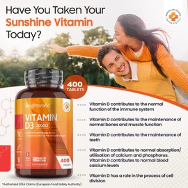 Vitamin D3 2000 IU - 400 Tablets (Over A Year Supply) Natural Vitamin D Tablets, Vitamin D Contributes to Normal Immune System & Blood Calcium Levels (EFSA), Vegetarian - Easy to Take Micro Tablets