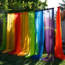 6 Piece Rainbow Sheer Window Panel Colorful Backdrop Bright Curtains Set for Playroom, Nurseries, Bedroom & more Lime, Orange, Red, Purple, Bright Yellow, Navy drapes- 84 inch Long Panels