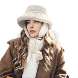Clakllie Warm Earflaps Bucket Hat Faux Fur Hunting Hats Winter Fisherman Hat for Hiking Packable Travel Hats,FHWP2402-White
