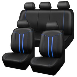 CAR-GRAND Piping Leather Car Seat Covers Full Set, Universal Stylish Automotive Waterproof Seat Covers with Airbag Compatible,2 Zipper Bench Design,Fit 90% SUV,Truck,Sedan (Black Blue)