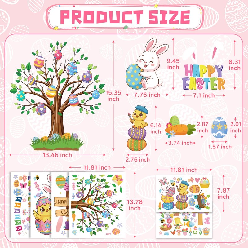 GULWAT 188 PCS Easter Window Clings, Lager PVC Eggs Bunny
