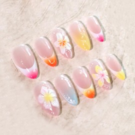 24Pcs Flower Press on Nails Medium Almond with Colorful Flowers Nail Art French Summer Nails Designs 3D Fake Nails in Almond Handmade Nail Art for Women Holiday, Vacation, Birthday Daily Wear