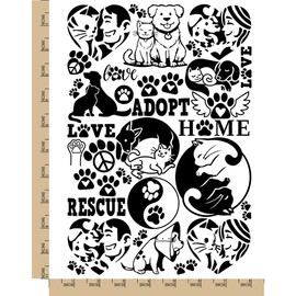 Rescue Adopt Shelter Cat Dog Temporary Tattoo Water Resistant Fake Body Art Set Collection - Black (One Sheet)